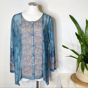 One World | Silky Long Sleeve Tunic Top w/ Bohemian Print and Sheer Panels Sz. L